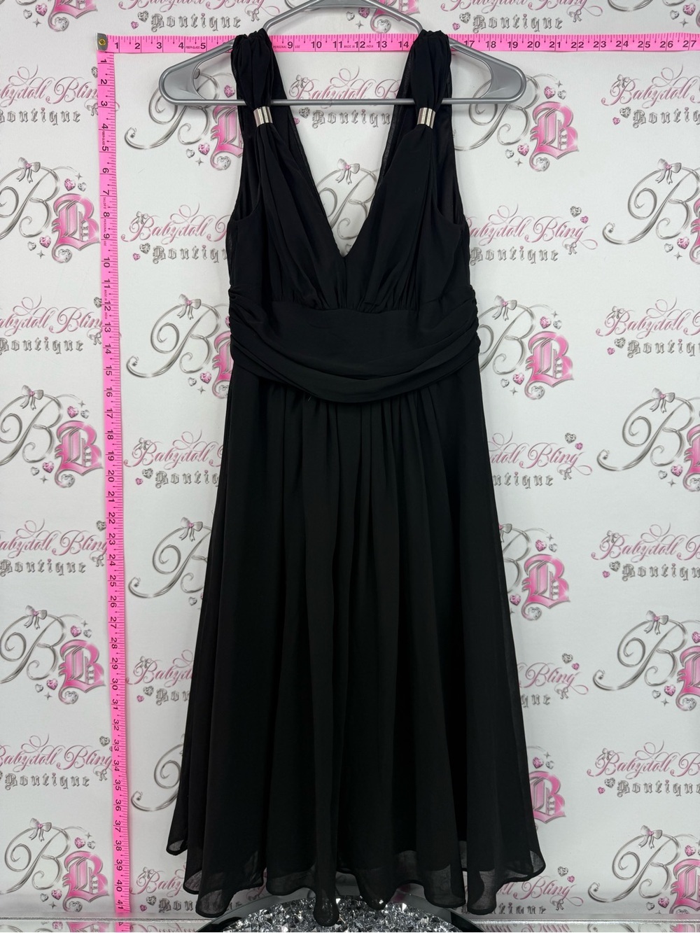 Enchante dress silver hardware Classic Black V-Neck Midi Chiffon Dress
